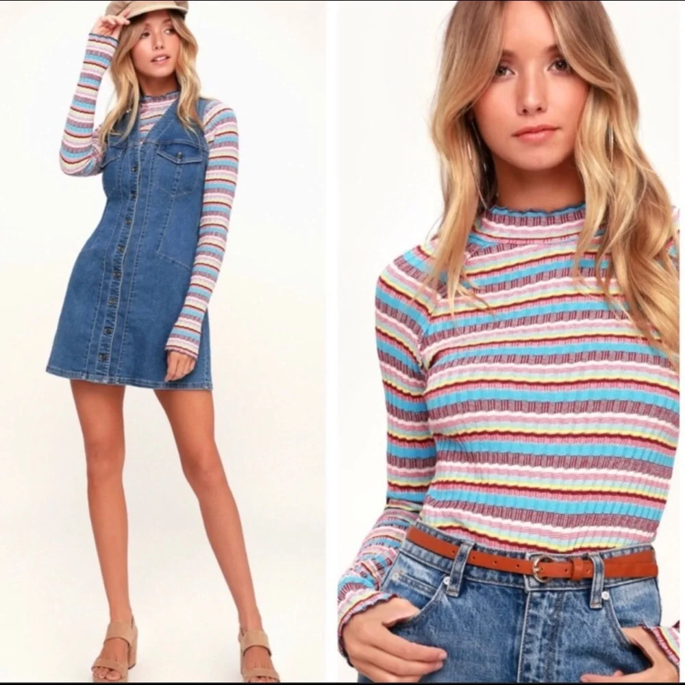 Free People Retro Mirror Blue Striped Mock Neck Ribbed Long Sleeve Crop Top Sz S - Picture 4 of 16